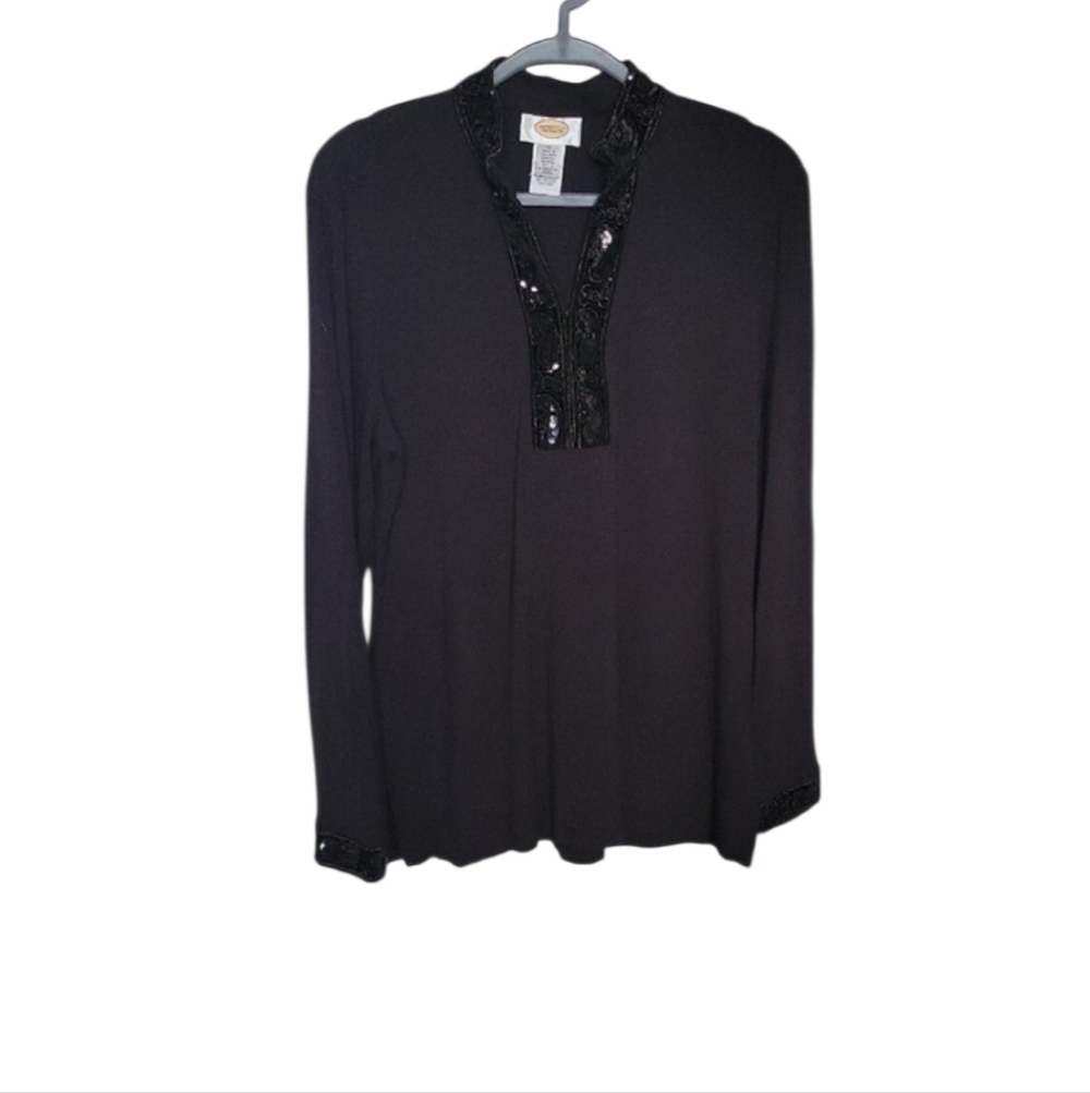 Talbots Black Long Sleeve Top with Embellished Trim Medium